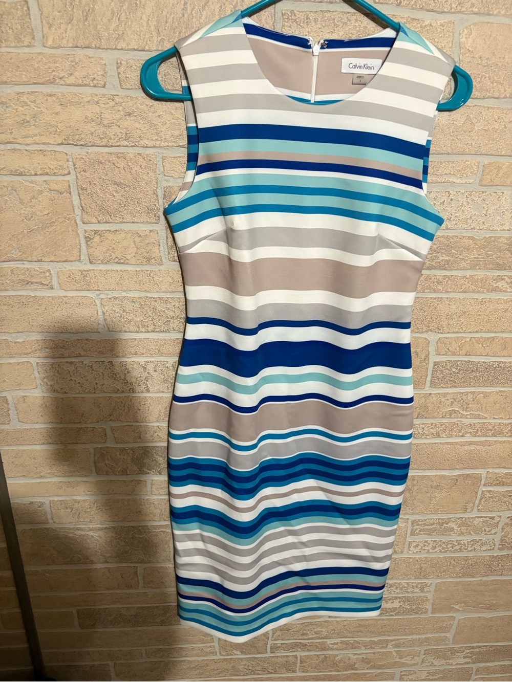 Calvin Klein Sleeveless Striped Midi Dress in Blue, Aqua & Beige